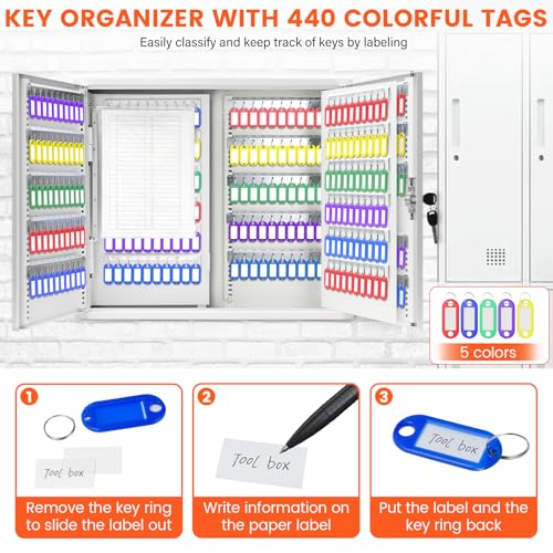 440 Keys Dual-Door Key Lock Box Wall Mount with 20 Adjustable Hook Plates - color: White, size: 440 Keys