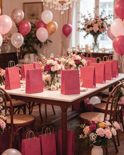 qiqee Bright Pink Gift Bag with Handles Bulk 24Pcs Paper Bags -10.6"x8.3"x4.3"Party Favor Bags - Solid Color - color: Bright Pink