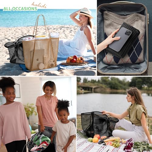 KALIDI Beach Mesh Tote Bag, Casual MAX 23L Summer Foldable Hobo Bag Women - color: Black Khaki