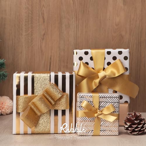 Ribbli Birthday Wrapping Paper White and Gold Gift Wrapping Paper for Christmas Mini Roll, 3 Rolls Polka Dots Stripes Geometry Pattern with Gold Foil - 17 inch x 120 inch(10feet) Per Roll - color: White/Gold