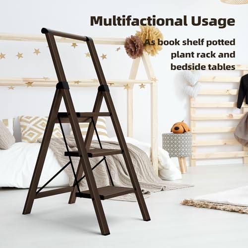 HillhutApex Aluminum 3 Step Ladder, Step Stool Foldable Ladder(Walnut) - color: Walnut, size: 3 Step With Handrail