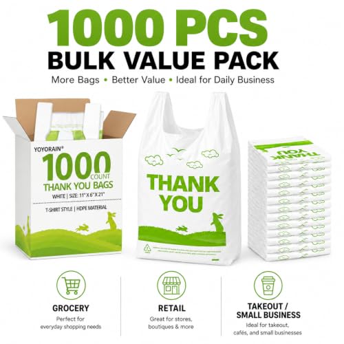 YoYoRain 1000 Count White Thank You T-Shirt Bags, 11 x 6 x 21 in - color: white green