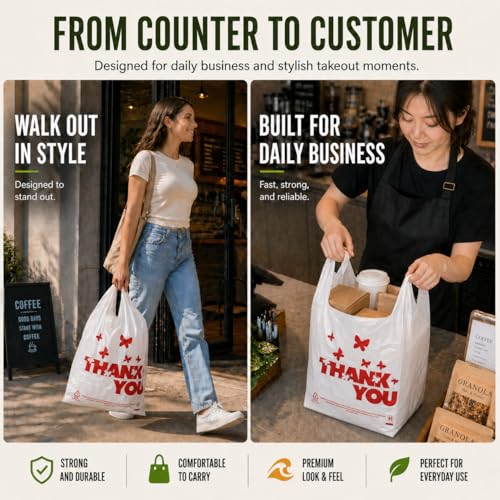 YoYoRain 1000 Count White Thank You T-Shirt Bags, 11 x 6 x 21 in - color: Red Design