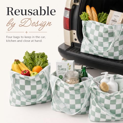 Checkered Reusable Grocery Shopping Bags 4 Packs, Cute Checkerboard Foldable Kitchen Large Nano Tote Bags - color: Sage