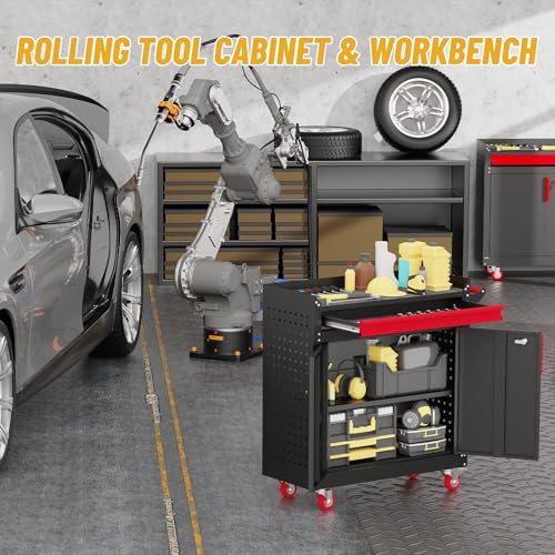 Eltean Rolling Garage Cabinets,Garage Storage Cabinet with Wheels - color: Black-red-low, size: 35"H