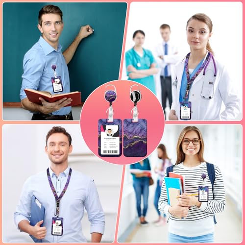 Purple Gold Marble ID Badge Holder with Lanyards, Detachable Lanyards for ID Badges, Retractable Badge Reel with Heavy Duty Clip for Nurse Teacher Office Staff Student - color: Purple Gold Marble