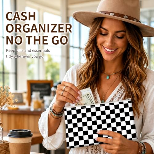 Money Bag with Zipper, Cute PU Leather Cash Bags, Portable Bank Bag Money Pouch for Cash, Coins, Checks, Receipts, Invoices Cosmetics Tools, Deposit Bag for Office Travel, Black Checker - color: Black Checker