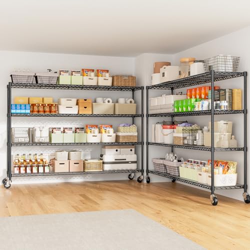 60" W Storage Shelves Wire Shelving withWheels, Heavy Duty Metal Garage Shelving,Adjustable Wire Rack with Liners, Fits 27-Gallon Totes, for Commercial & Warehouse,60" Wx 18" Dx63.78 H - size: 60" W x 18" D x 63.78" H-4 Tier