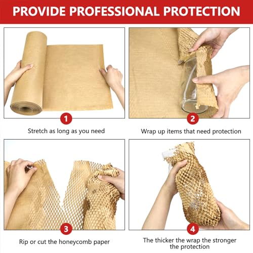 HOOPLE Honeycomb Packing Paper, Packing Paper for Moving, Alternative Bubble Cushion Wrap, Biodegradable Moving Supplies Bubble Packing Wrap Protective Roll With 30 Fragile Stickers. (khaki 15"x164') - color: khaki 15"x164'