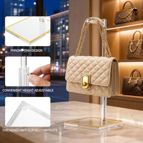 6Pcs Clear Acrylic Display Stand Bundle with Gold Trim, 4 Adjustable Purse Holders (14"-24") & 2 Widen 3-Tier Wallet Risers, Handbag and Clutch Countertop Organizer Rack Set for Retail Boutique