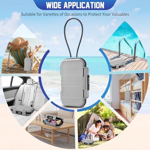 Portable Travel Safe Lock Box 4-Digit Combination Mini Safe Box, Anti-Theft Beach Security Lockbox Waterproof Small Lockable Box with Removable Wire Rope for Dorm Beach Hotel Car Home Office - color: Grey