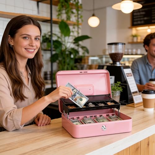Jssmst Metal Cash Box with Money Tray and Lock, Portable Cash Drawer, 11.8" - color: Pink Key-C