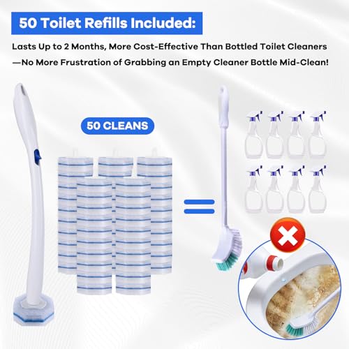Disposable Toilet Brush and Holder Set, 50pcs Thick Refills for Clorox Wand