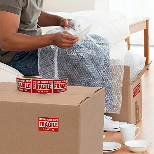 Buhbo Handle with Care Warning Labels, Fragile, Red, 2 x 3 in, 500 Count