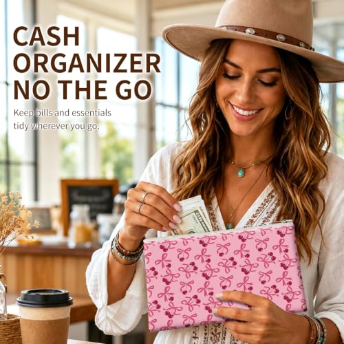 Money Bag with Zipper, Cute PU Leather Cash Bags, Portable Bank Bag Money Pouch for Cash, Coins, Checks, Receipts, Invoices Cosmetics Tools, Deposit Bag for Office Travel, Cute Bow - color: Cute Bow