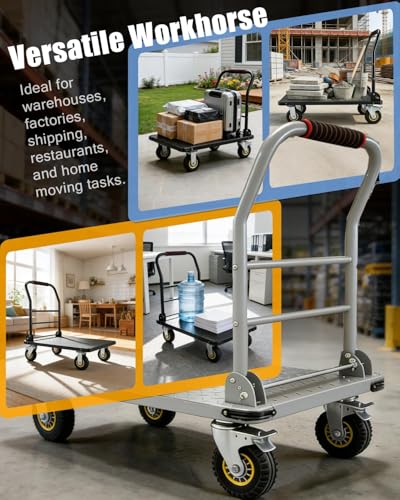 Heavy Duty 1800LBS Steel Platform Cart – 36"x24" Collapsible Flatbed Utility Dolly, 6" Lockable Swivel Wheels, Hand Truck for Warehouse, Garage, Moving - color: Sliver-1800lbs