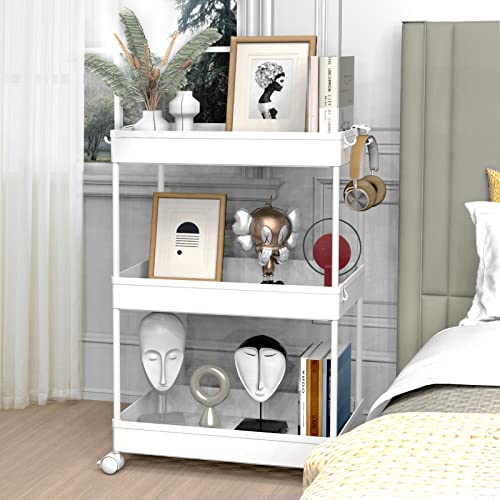 SPACELEAD 3 Tier Rolling Cart with Wheels, Storage Craft Art Trolley Organizer Serving, 3 Hanging Baskets Easy Assembly, for Office, Bathroom,Living Room, Kitchen, White - color: White