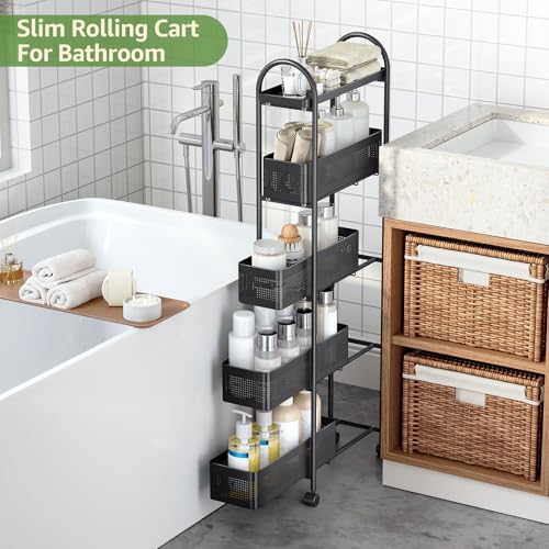 KINGRACK 5 Tier Slim Rolling Cart with Drawer, Metal Utility Storage Cart - color: Black, size: 5 Tier