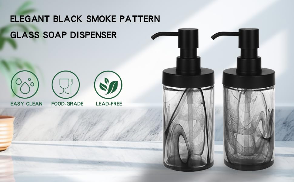 2 Pcs Lotion Dispenser,12.5 Oz Black Moire Wide Open Glass Hand Soap Dispenser for Bathroom & Kitchen, Dish Soap Dispenser with Easy-to-Press Pump and Waterproof Labels - color: Black002