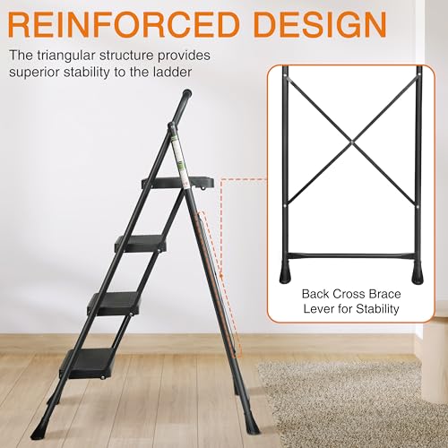 Arbusb 4 Step Ladder, Folding Steel Ladder with Handrail & Wide Pedals - color: Black, size: 4-Step