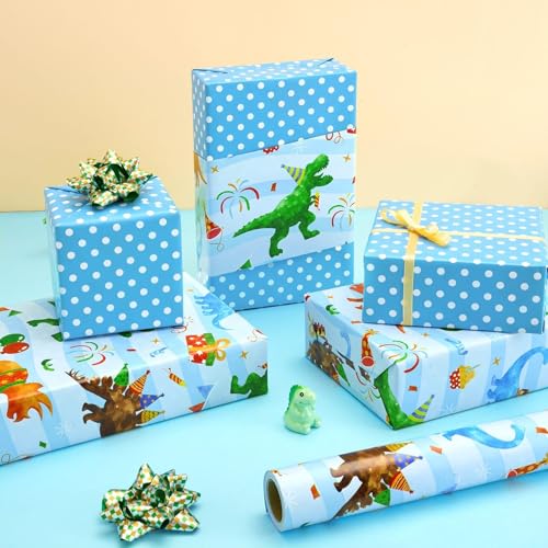 WERNNSAI Dinosaur Reversible Wrapping Paper Birthday Boy, 33 ft Blue Dino - color: Dinosaur C