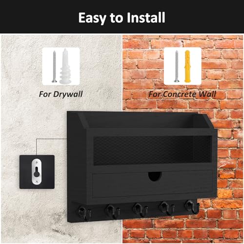 Nekon Key and Mail Holder for Wall, Key Organizer with Drawer, Black - color: Black
