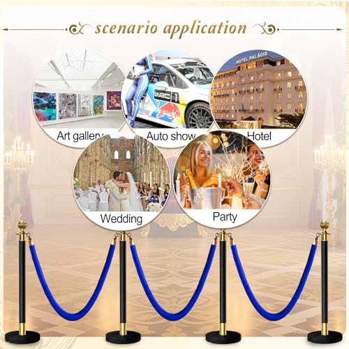 4PCS Blue Velvet Stanchion Rope 5 Ft Crowd Control Ropes Barrier with Gold Hooks for Party - color: Blue&Gold, size: 4PCS