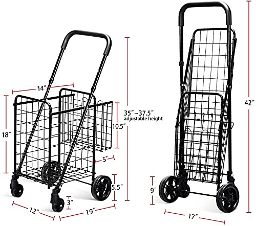 Happygrill Foldable Shopping Cart, Grocery Cart on Wheels with Double Basket, Swivel Wheels and Adjustable Handle, Utility Cart or Grocery Laundry Luggage Travel