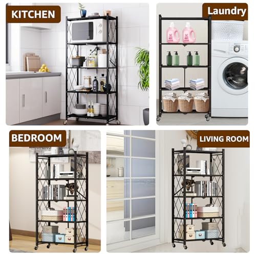 Heavy Duty 5-Tier Foldable Storage Shelf with Locking Wheels