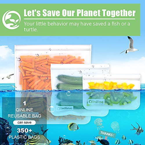 Qinline Reusable Food Storage Bags - 24 Pack Dishwasher Safe Freezer Bags, BPA Free Reusable Bags PEVA material, Leakproof Reusable Lunch Bag for Salad Fruit Travel - 8 Gallon 8 Sandwich 8 Snack Bags - color: Clear
