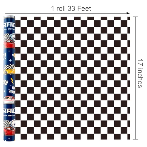 Homeral Race Car Wrapping Paper Roll - Mini Roll -17 Inch x 33 Feet, Blue Race Car with Holographic & Checkered Flag Reversible Gift Wrap for Boys Birthday, Baby Shower, Game Lovers, Party - color: Blue Race Car, size: 17in*33ft