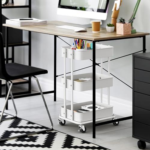 Simple Houseware 3-Tier Utility Cart, Low 24" Height Fits Under Desk, White - color: White