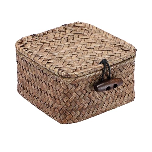 Hipiwe Mini Seagrass Basket Box Wicker Shelf Baskets with Lid, 3.5"x3.5"x2" - color: Coffee color, size: 3.5" x 3.5" x 2"