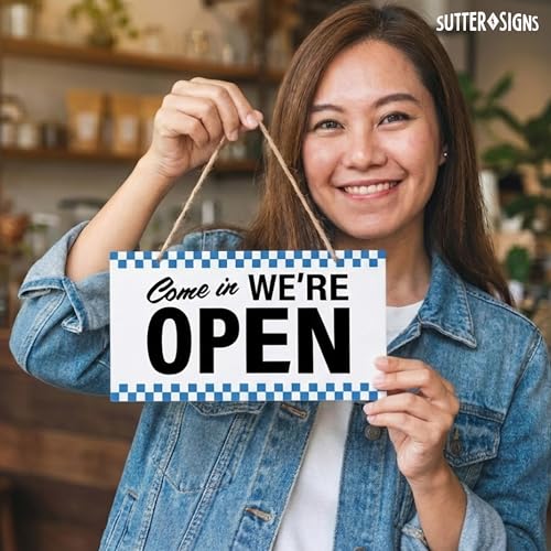 Open Closed Sign for Business, 10" x 6" (Blue Checker) - color: Blue Checker