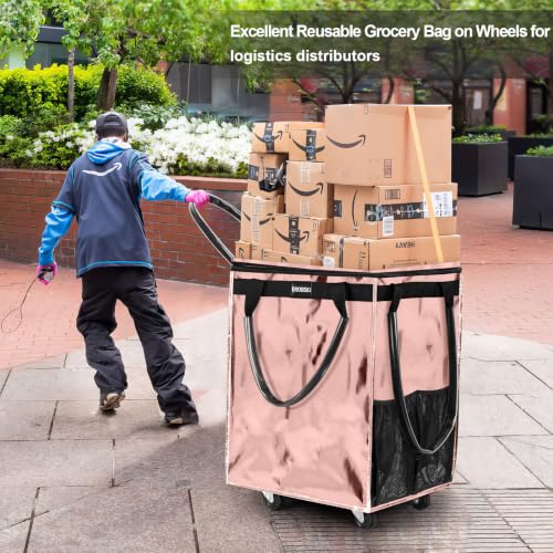 (Medium,Rose Gold) Reusable Grocery Bag on Wheels, Foldable Rolling Tote - color: Rose Gold, size: Medium