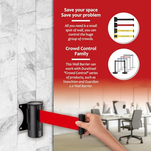 DuraSteel Wall Mount Crowd Control Retractable Belt Barrier - 9.2 Ft Red Retractables Barrier Belt, Crowd Control Barriers Do Not Enter Line Dividers for Crowds NOT Stanchions with Retractable Belts - color: Red Belt, size: Black Case