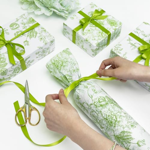 Larcenciel Elegant Floral Tissue Paper for Gift Bags, Sage Green Flower Gift Wrapping Tissue Paper, Pretty Botanical Packing Supplies for Wedding Gifts, Birthday Presents & Crafts, 20x14 in 30 Sheets - color: Green And White