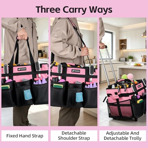 Large Rolling Cleaning Caddy Bag with Wheels, with Detachable Trolley, Cleaning Bags on Wheels for Housekeepers, Cleaning Cart Supplies Organizer for Home, Car, Picnic (Pink) - color: Pink