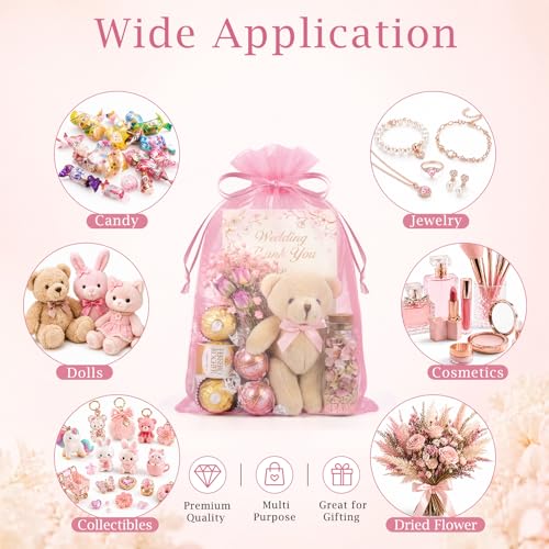 FUNFERY 100 PCS Pink Organza Bags 6x9 in, Mesh Gift Bags with Drawstring - color: Pink-6"x9"