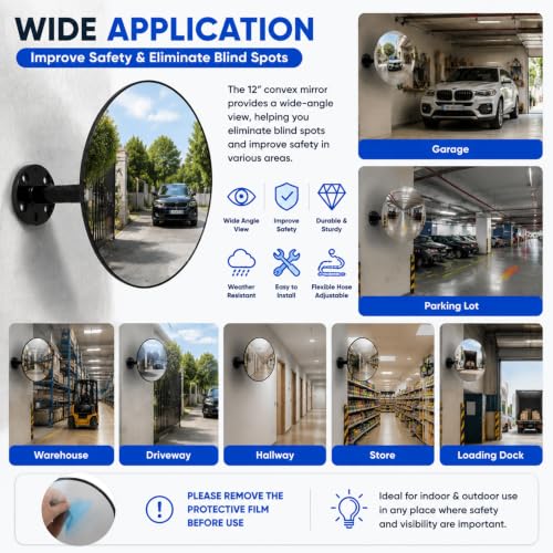 12" HD Frameless Acrylic Convex Mirror, Wide Angle Garage Blind Spot Mirror - size: 12 inch wide-angle lens+base