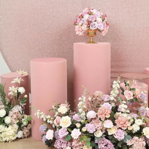 Efavormart Set of 5 | Dusty Rose Spandex Cylinder Plinth Display Box Stand Covers, Stretchable Pedestal Pillar Prop Covers - 160 GSM - color: Dusty Rose, size: Spandex Cylinder Covers