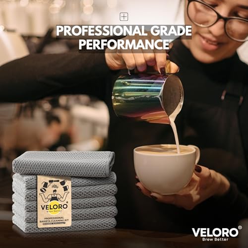 VELORO Barista Cloths & Espresso Machine Cleaning Kit – 6 Microfiber Coffee Towels with Group Head Brush & Scoop, Lint-Free Steam Wand Cloths for Home & Commercial Espresso Machines