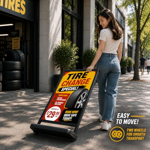 Heavy Duty Outdoor Sign Holder Stand 24"x36" with Water-Fillable Base & Wheels, Wind-Resistant Spring Design, Portable Sidewalk Poster Board Frame for Indoor & Outdoor Use (Fits ≤6mm Signs)(STAND ONLY) (1)