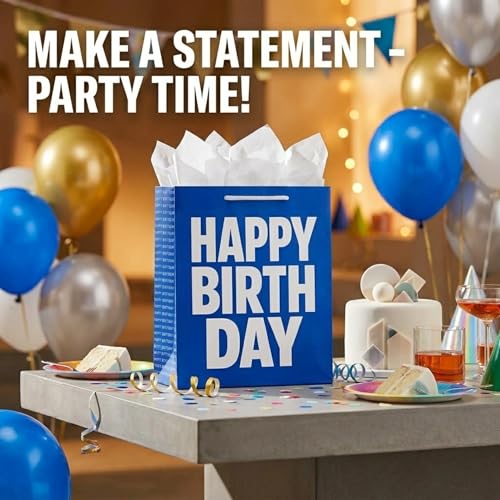 Birthday Gift Bag with Tissue Paper – Medium/Large Color Gift Bag with Handles (Pink, Blue, or Black) – Premium Paper Gift Bag for Birthday Gifts, Party Supplies, Gift Wrapping Alternative (BLUE) - color: Birthday Blue