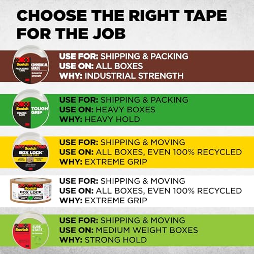 Scotch Commercial-Grade Heavy Duty Packaging Tape 6-Pack – 1.88″ x 54.6 yd Rolls (3″ Core) for Packing, Shipping, Mailing & Moving Boxes, Clear, Strong Hot-Melt Adhesive, Guaranteed to Stay Sealed