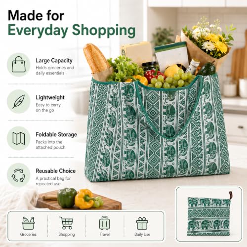 Reusable Shopping Bag, 16 x 16 inch Large Foldable Grocery Hand Tote, Shoulder Waterproof Portable Pocket - color: Green Elephant