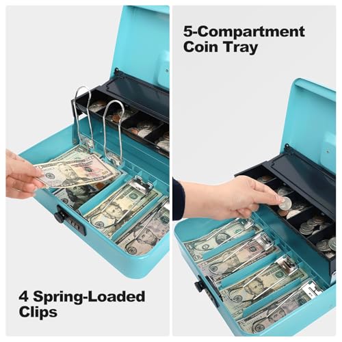 Cash Box with Combination Lock & Auto-Pop Coin Tray – Secure Steel Money Box with 4 Upgraded Finger-Safe Bill Clips, Premium Smooth Scratch-Resistant Coating, 11.8", Combo Teal - color: Combo Teal