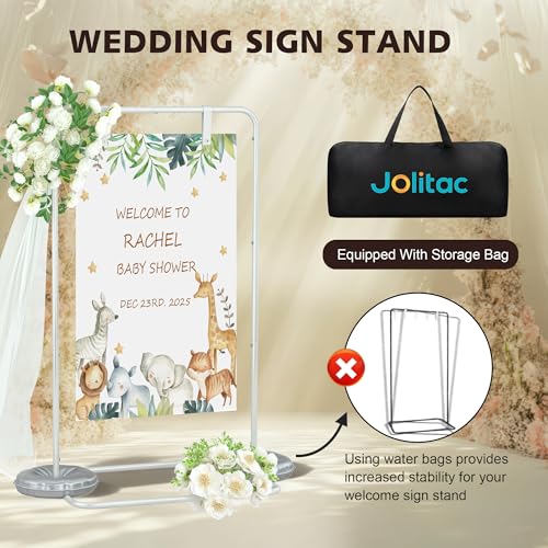 Jolitac Wedding Welcome Sign Holder, Adjustable Wedding Sign Stand Leather Hanging Straps & Design Bundle Heavy Duty Metal Easel Stand for Seating Charts, Bridal Showers, Birthday Party Displays - color: White