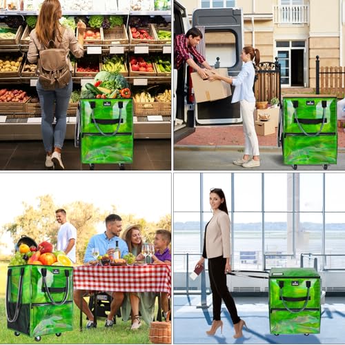 Reusable Grocery Bag On Wheels, 70L Foldable Rolling Tote with 6 Pockets - color: Gradient Green, size: Medium