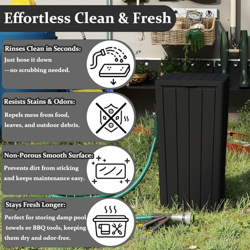 Outdoor Trash Can with Lid, 32 Gallon Waterproof and UV-Resistant Garbage Cans,Resin Outside Trash Can for Porch, Backyard, Kitchen, Easy Clean and Assemble(Black,32Gallon)
